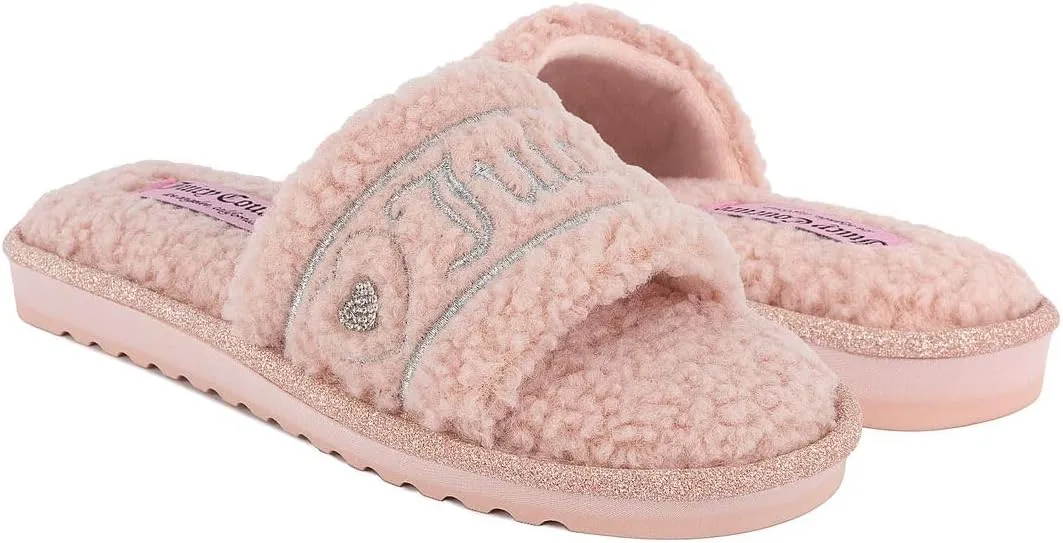Juicy Couture Women's Plush Faux Fur Slippers – Cozy Open-Toe Slides, Soft Indoor/Outdoor House Shoes