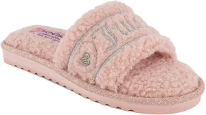 Juicy Couture Women's Plush Faux Fur Slippers – Cozy Open-Toe Slides, Soft Indoor/Outdoor House Shoes