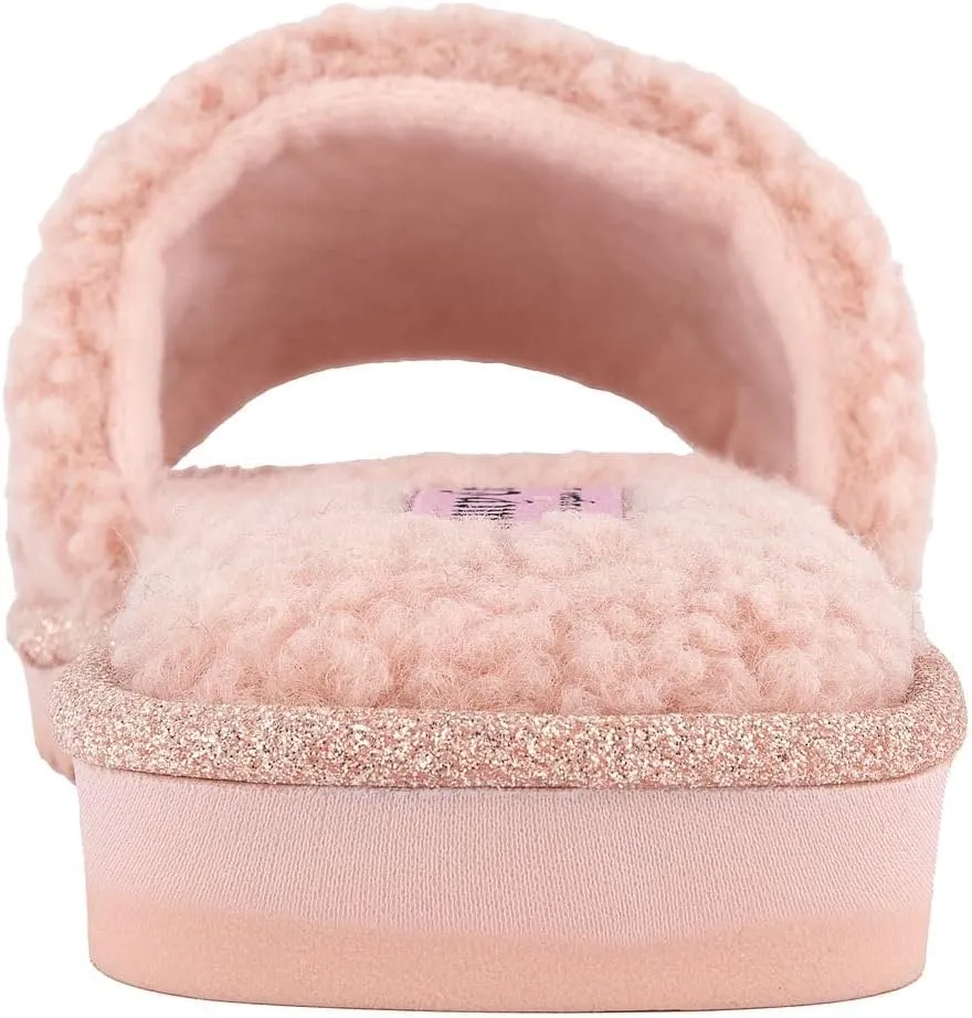 Juicy Couture Women's Plush Faux Fur Slippers – Cozy Open-Toe Slides, Soft Indoor/Outdoor House Shoes