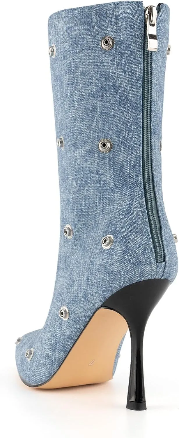 KaroNairy Womens Stiletto High Heel Ankle Boots Sexy Pointed Toe Short Bootie 3.66In Heels Boots Party Shark Boots