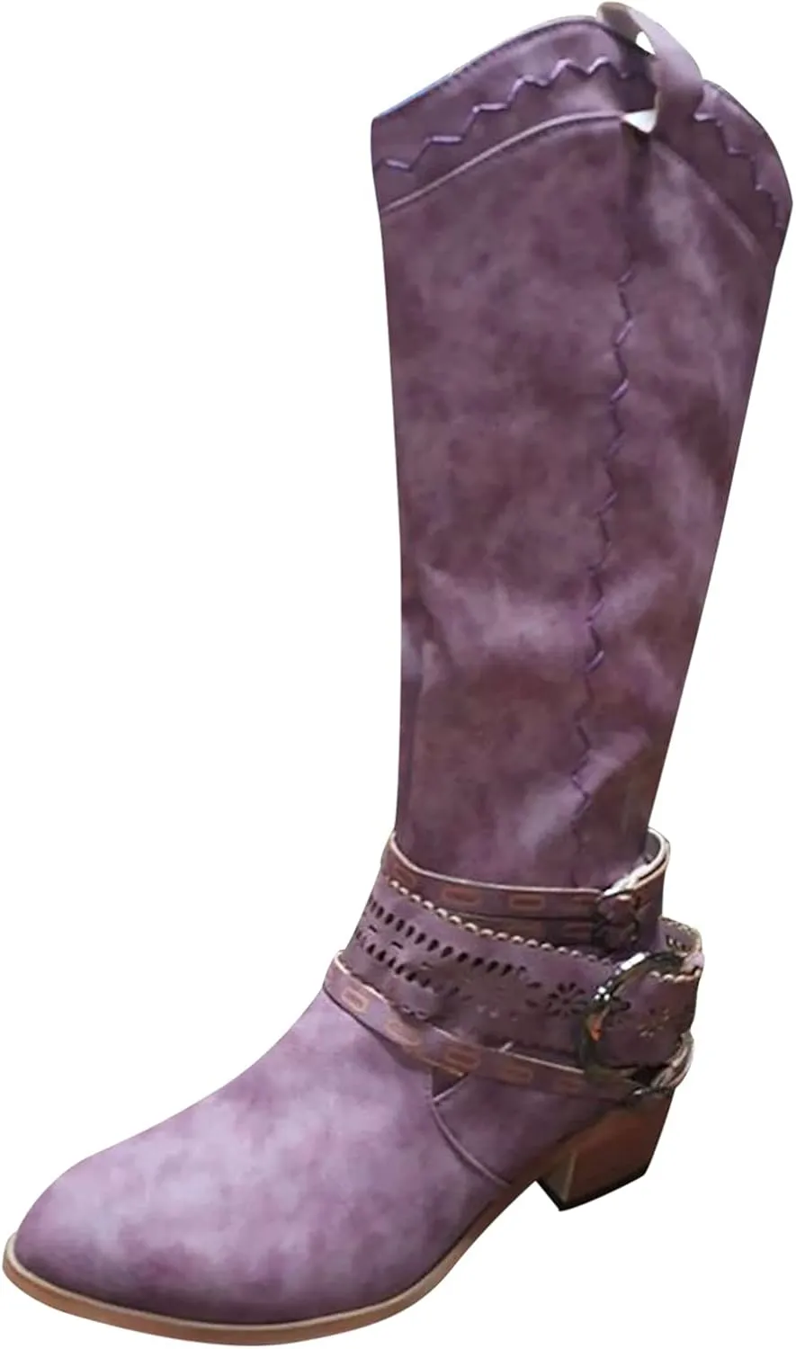 Knee High Boots Women Fashion Mid Heels Long Boots Pointed Toe Chunky Block Boots Western Boots with Side Zip