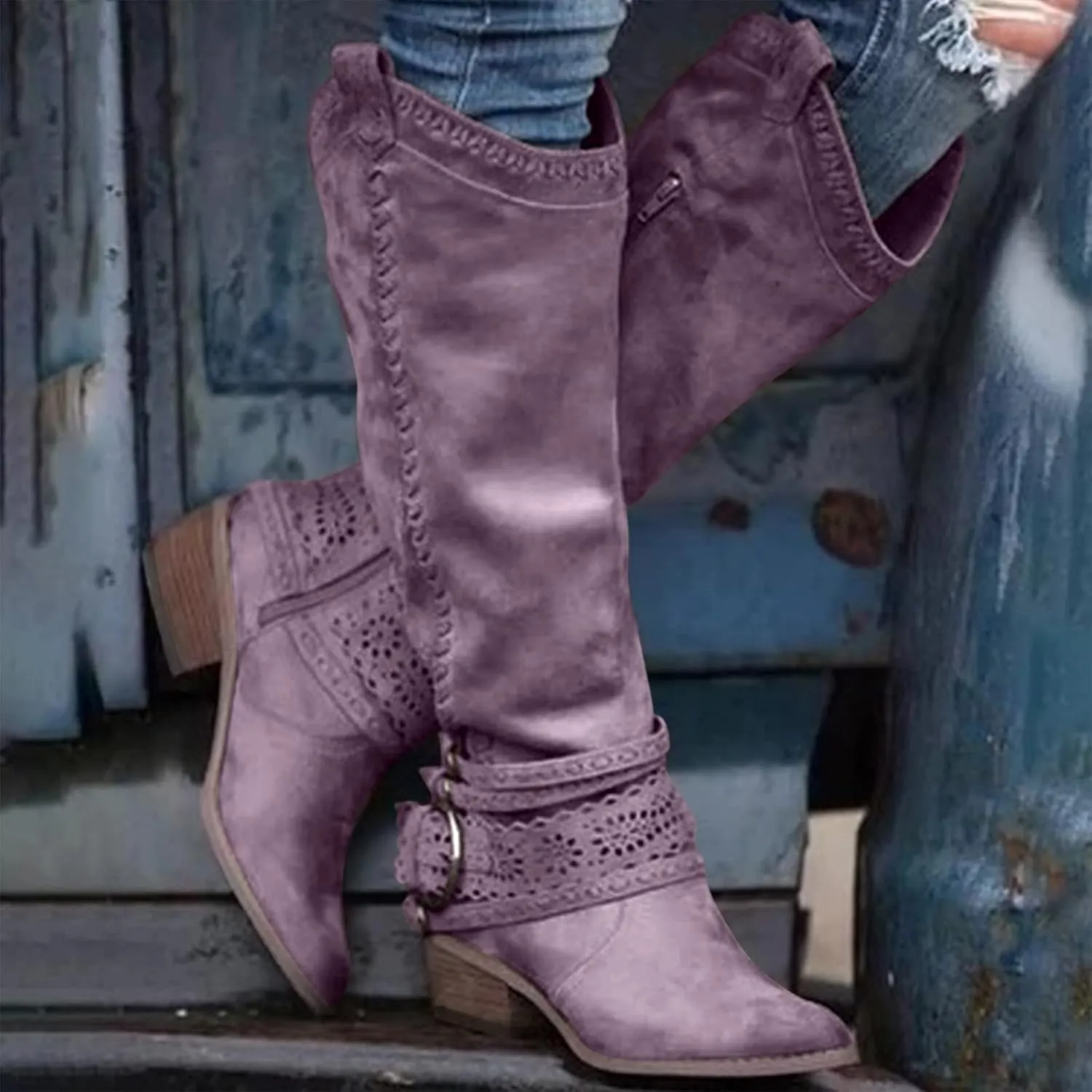 Knee High Boots Women Fashion Mid Heels Long Boots Pointed Toe Chunky Block Boots Western Boots with Side Zip