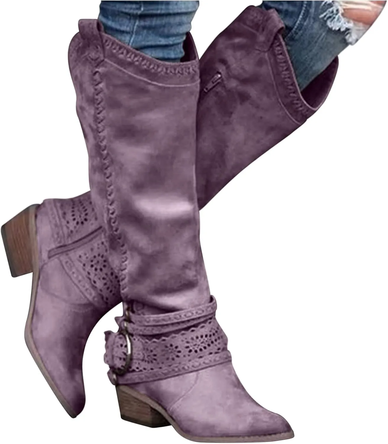 Knee High Boots Women Fashion Mid Heels Long Boots Pointed Toe Chunky Block Boots Western Boots with Side Zip