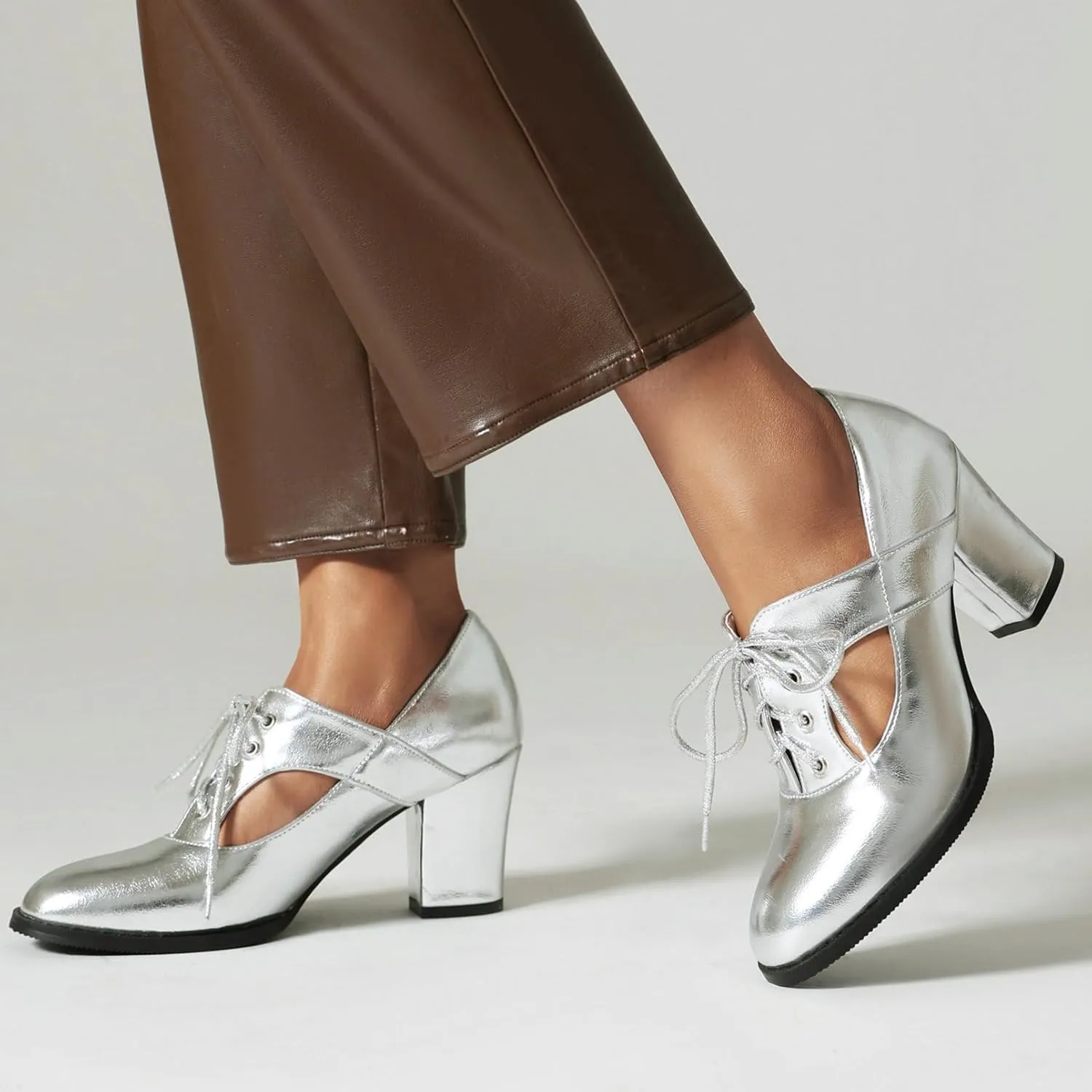 KysBloes Women Chunky Heel Oxford Shoes Lace Up Closed Toe Vintage Saddle Shoes Metallic Glitter Mid Heel Cut Out Booties