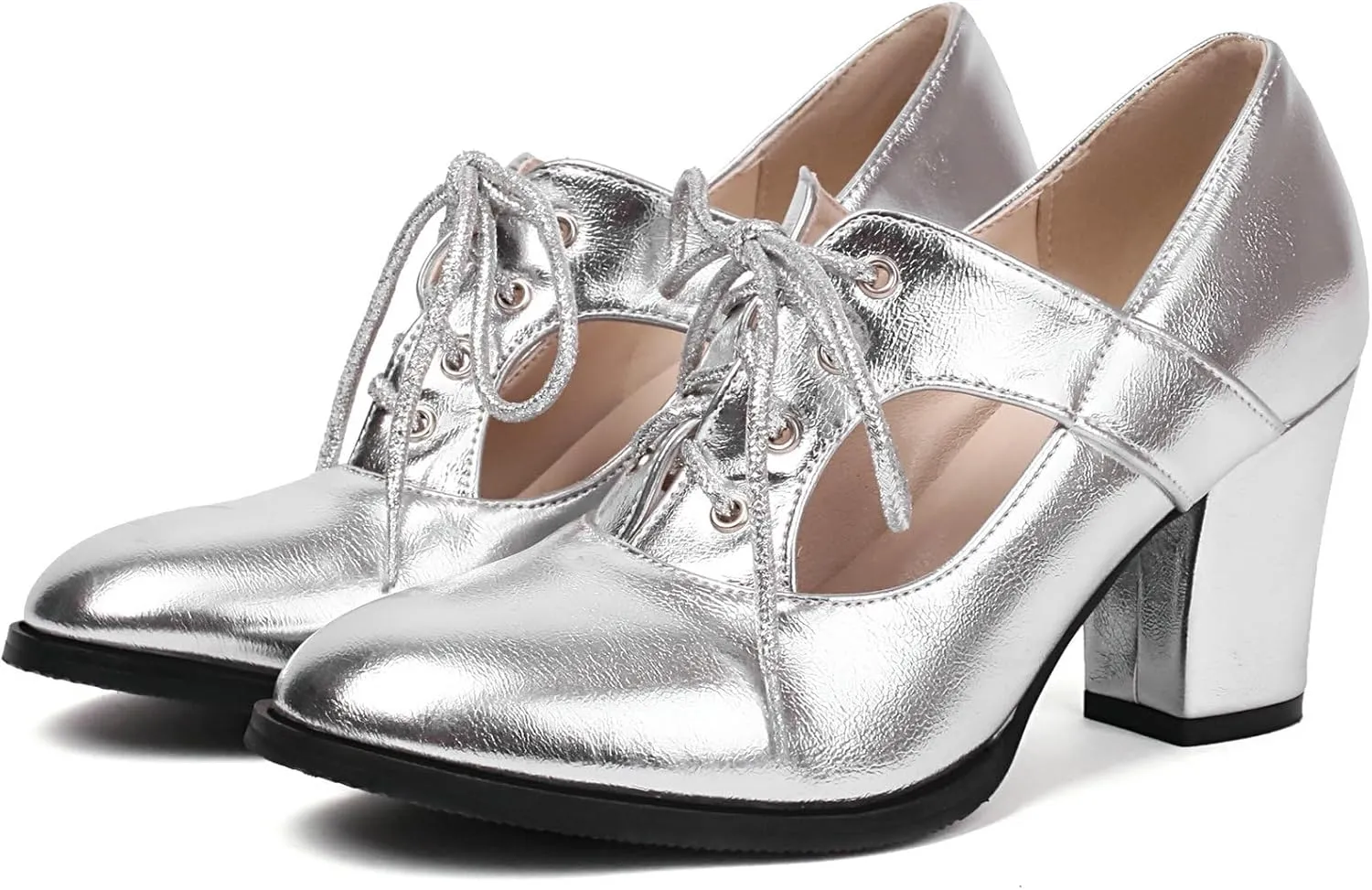 KysBloes Women Chunky Heel Oxford Shoes Lace Up Closed Toe Vintage Saddle Shoes Metallic Glitter Mid Heel Cut Out Booties