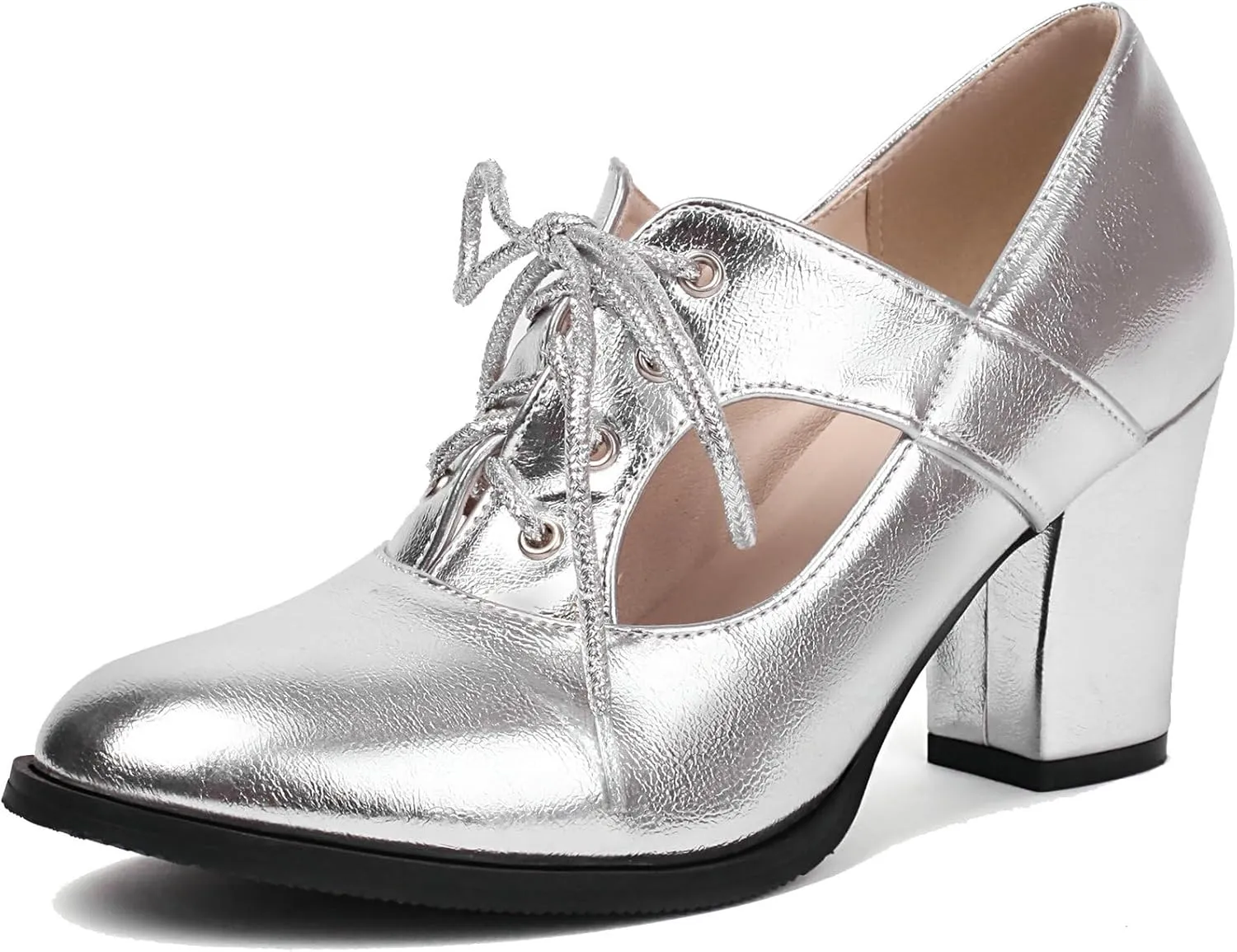 KysBloes Women Chunky Heel Oxford Shoes Lace Up Closed Toe Vintage Saddle Shoes Metallic Glitter Mid Heel Cut Out Booties