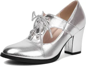 KysBloes Women Chunky Heel Oxford Shoes Lace Up Closed Toe Vintage Saddle Shoes Metallic Glitter Mid Heel Cut Out Booties