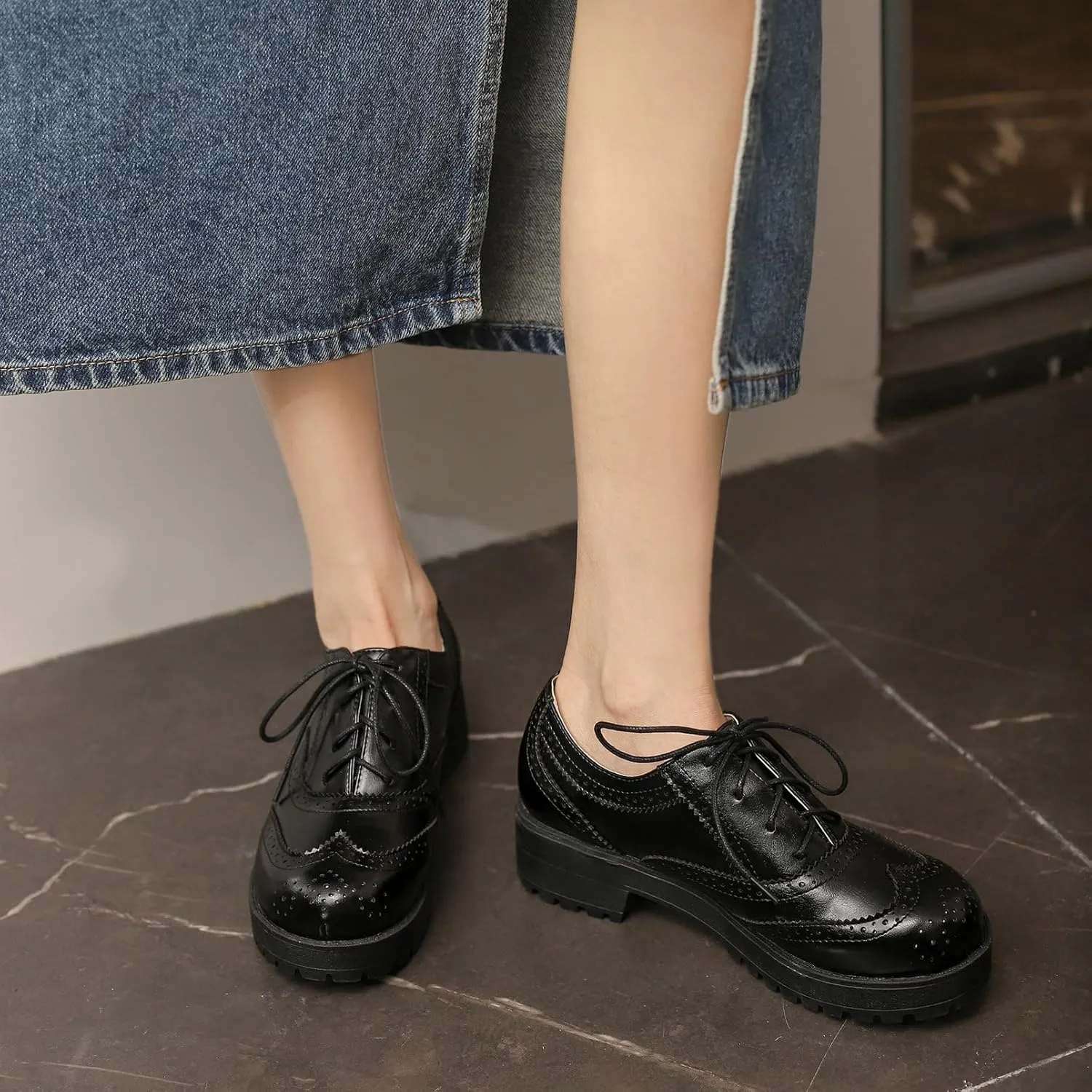 KysBloes Women Lace Up Platform Oxford Shoes Chunky Heel Wingtip Pumps Vintage Brogue Saddle Shoes