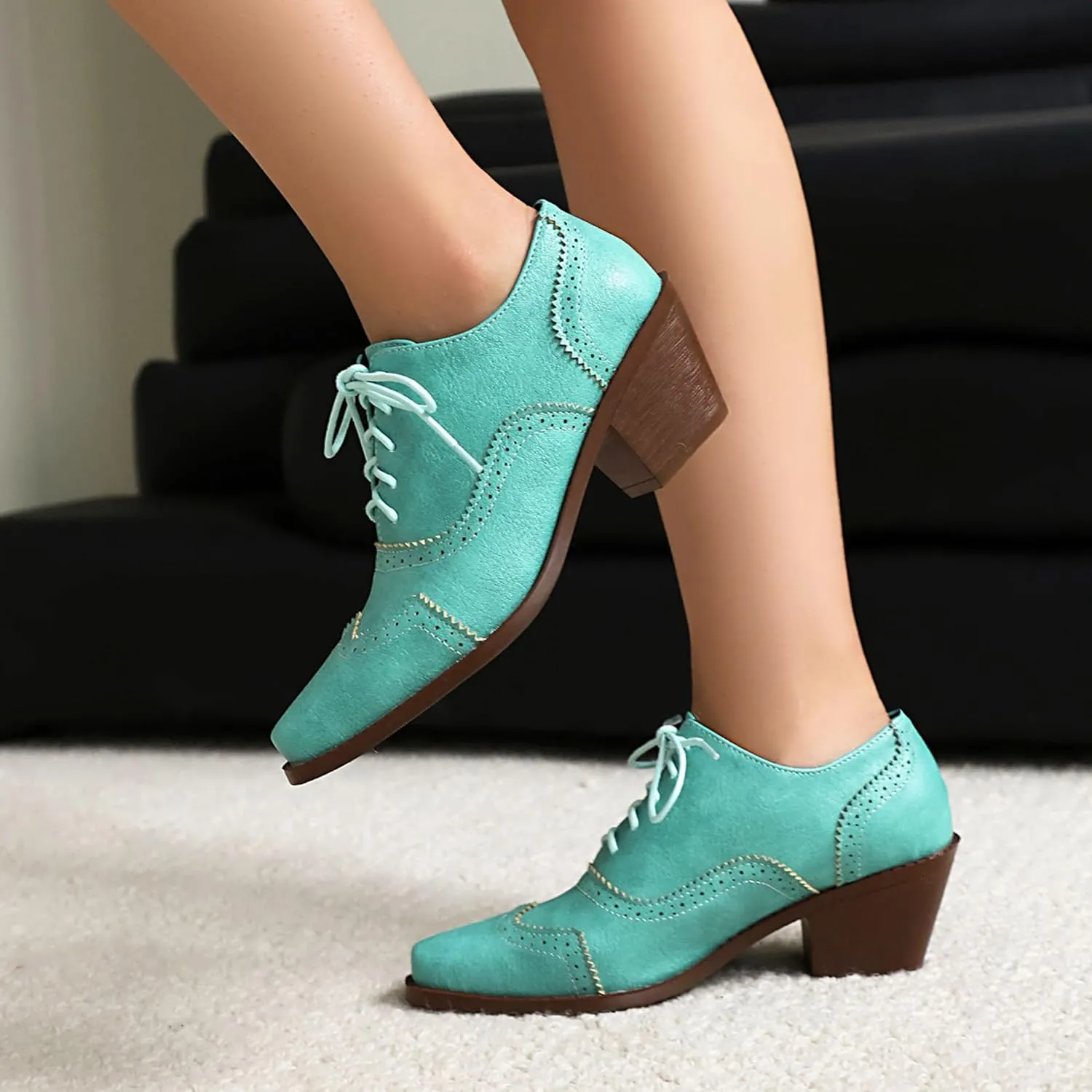 Lace Up Oxford Brogue Women Block Heel Derbies