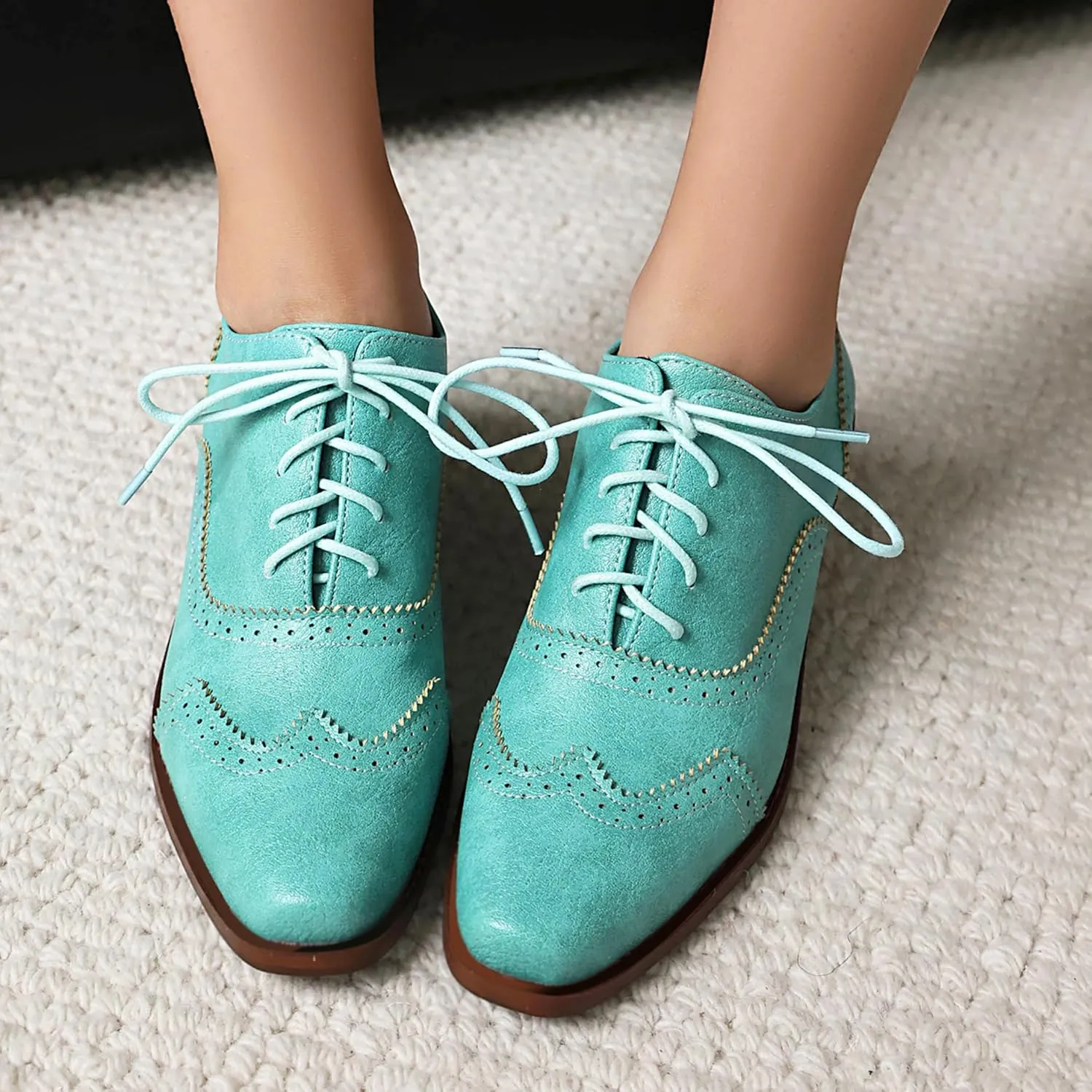 Lace Up Oxford Brogue Women Block Heel Derbies