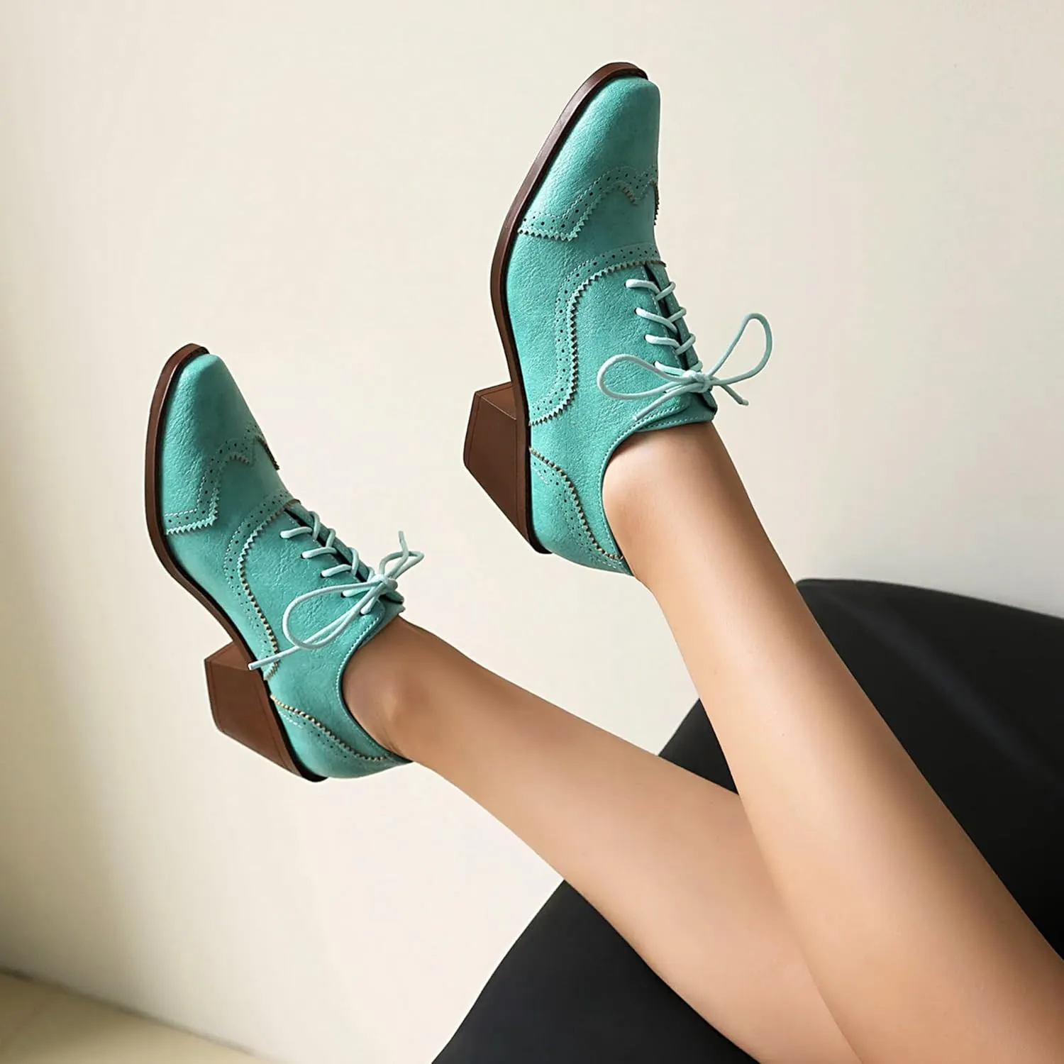 Lace Up Oxford Brogue Women Block Heel Derbies