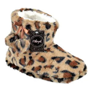Ladies Luxury Plush Slip On Leopard Print Boot Slippers