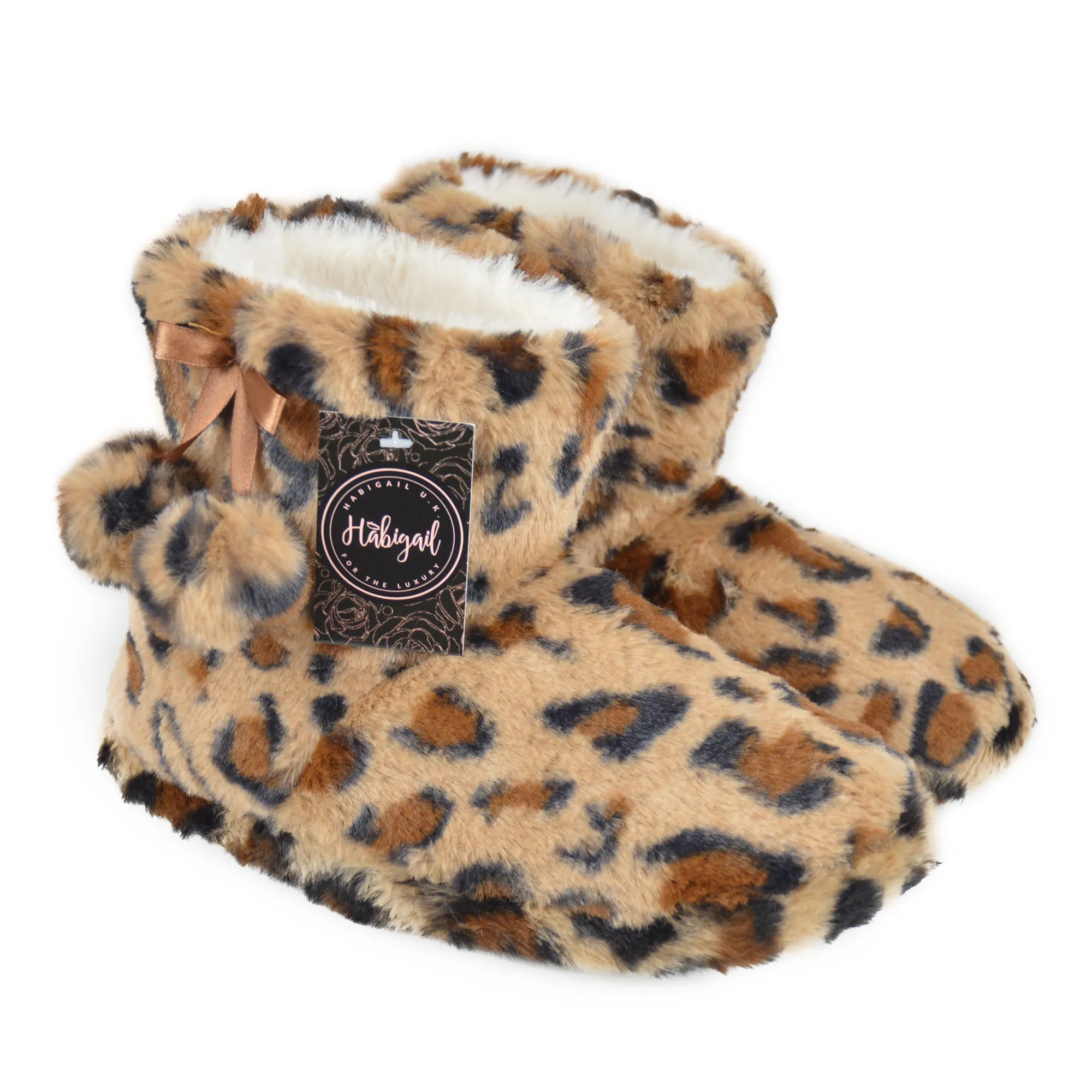 Ladies Luxury Plush Slip On Leopard Print Boot Slippers