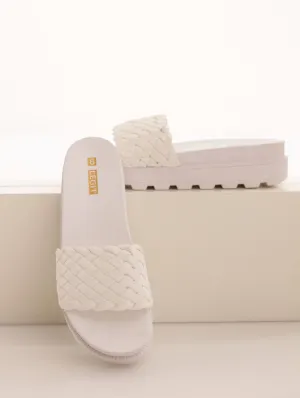 Ladies Weave Look Cleated Platform Mule Sandal - White