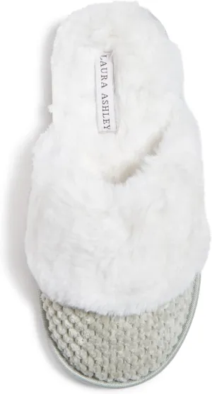 Laura Ashley Womens Plush Memory Foam Wide Collar Fleece Spa Scuff Slippers, Fuzzy Warm Faux Fur Slip On House Shoes Slipper