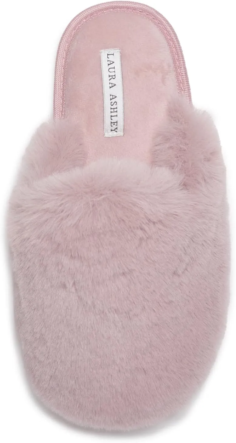 Laura Ashley Womens Soft Plush Memory Foam Scuff Slippers, Warm Fuzzy Fluffy Bedroom Slipper, Ladies Faux Fur Slip On House Shoes