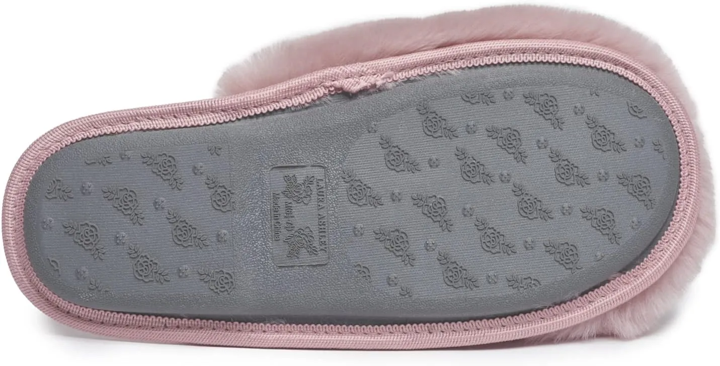 Laura Ashley Womens Soft Plush Memory Foam Scuff Slippers, Warm Fuzzy Fluffy Bedroom Slipper, Ladies Faux Fur Slip On House Shoes