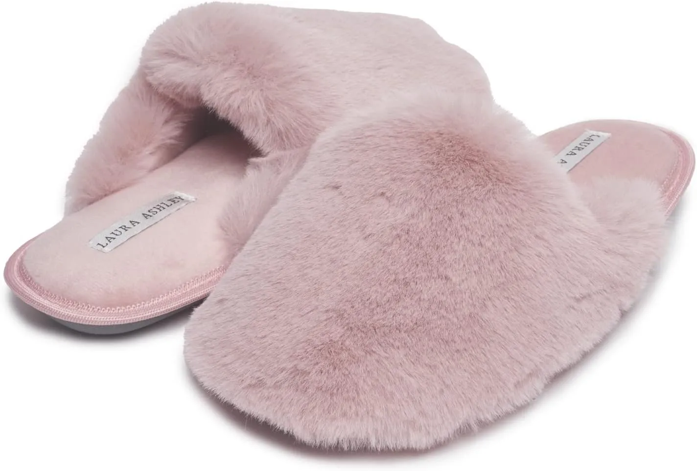 Laura Ashley Womens Soft Plush Memory Foam Scuff Slippers, Warm Fuzzy Fluffy Bedroom Slipper, Ladies Faux Fur Slip On House Shoes