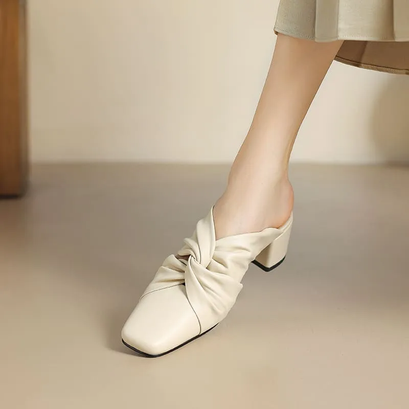 Leather Closed Toe 2'' Block Heel Mules