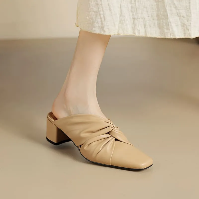 Leather Closed Toe 2'' Block Heel Mules