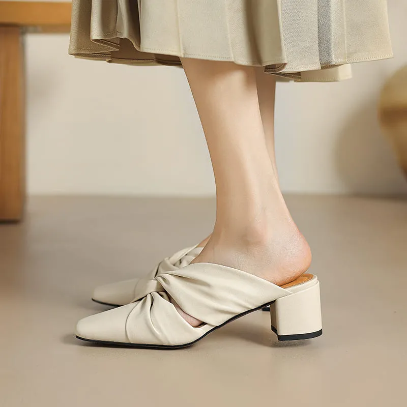 Leather Closed Toe 2'' Block Heel Mules