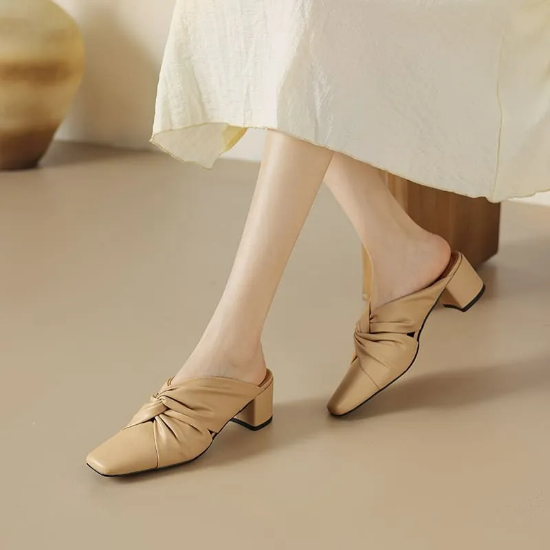 Leather Closed Toe 2'' Block Heel Mules