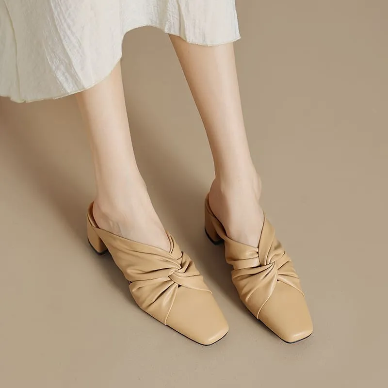 Leather Closed Toe 2'' Block Heel Mules