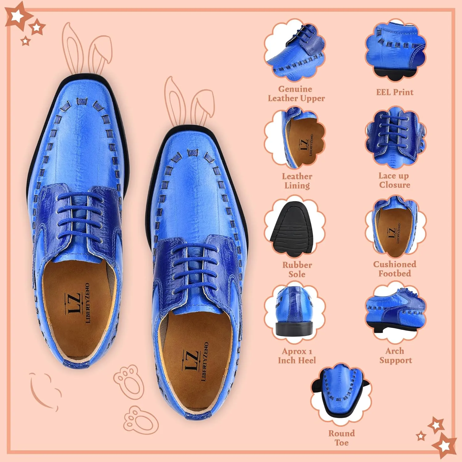 LIBERTYZENO Boys Plain & EEL Print Genuine Leather Kids & Toddlers Lace Up Oxford Dress Shoes for Prom Graduation