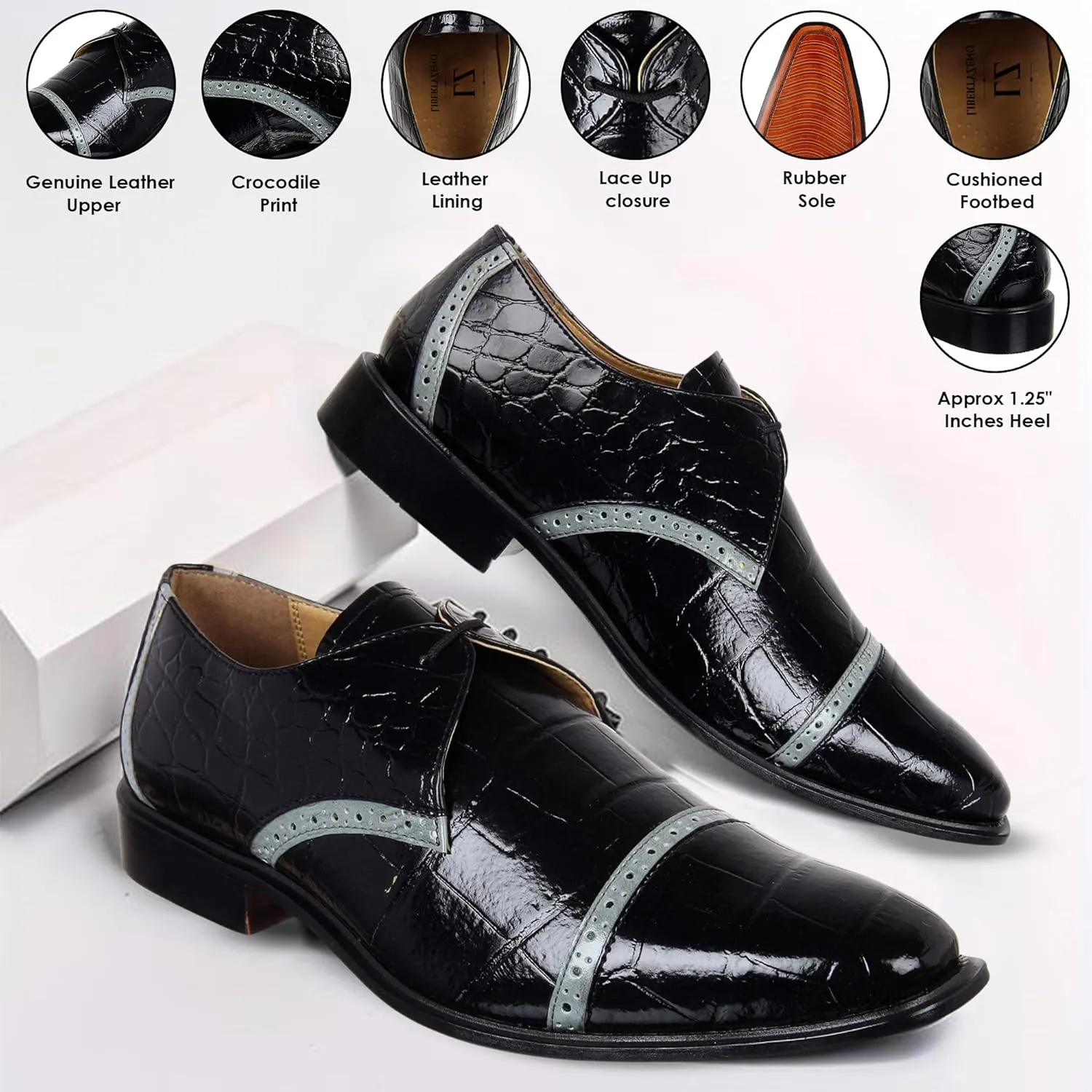 LIBERTYZENO Mens Wingtip Brogue EEL & Croco Print Genuine Leather Adults Lace Up Oxford Dress Shoes for Prom Graduation