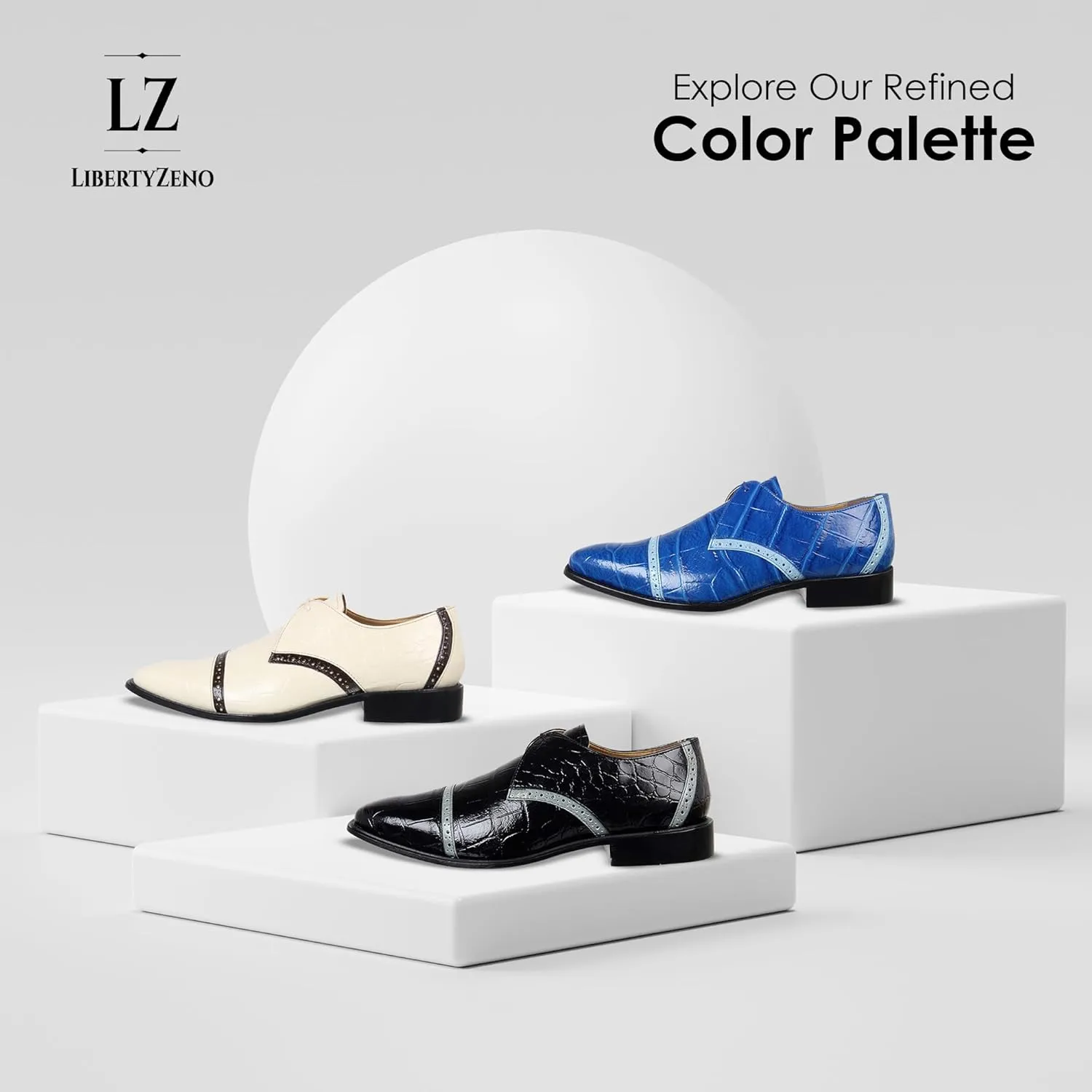 LIBERTYZENO Mens Wingtip Brogue EEL & Croco Print Genuine Leather Adults Lace Up Oxford Dress Shoes for Prom Graduation
