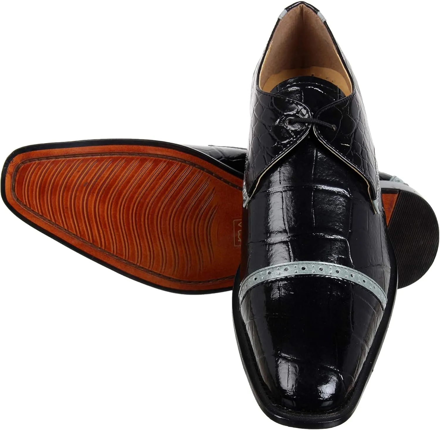 LIBERTYZENO Mens Wingtip Brogue EEL & Croco Print Genuine Leather Adults Lace Up Oxford Dress Shoes for Prom Graduation