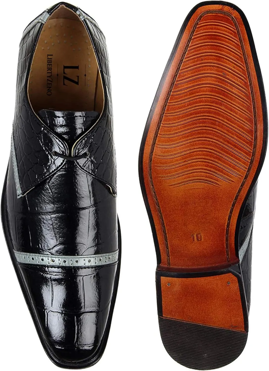 LIBERTYZENO Mens Wingtip Brogue EEL & Croco Print Genuine Leather Adults Lace Up Oxford Dress Shoes for Prom Graduation
