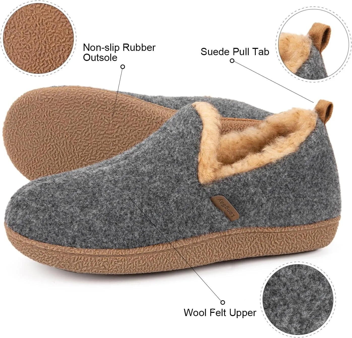 LongBay Women's Felt Bootie Slippers Warm Cozy Memory Foam Slipper Boots with Polar Fleece Lining Non Slip House Shoes Indoor Outdoor