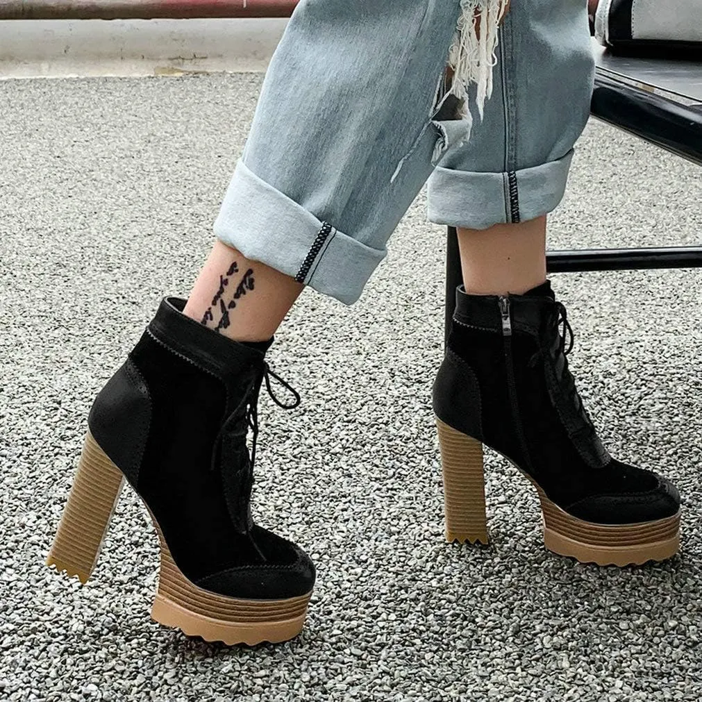 LUXMAX Women Wingtip Ankle Boots Chunky High Heel Lace Up Platform Oxford Brogue Booties