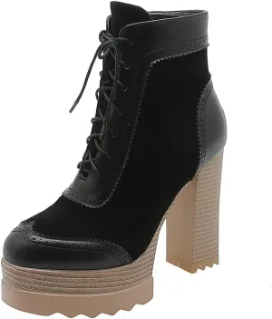 LUXMAX Women Wingtip Ankle Boots Chunky High Heel Lace Up Platform Oxford Brogue Booties