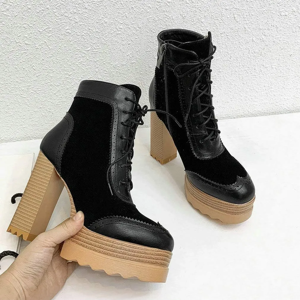 LUXMAX Women Wingtip Ankle Boots Chunky High Heel Lace Up Platform Oxford Brogue Booties