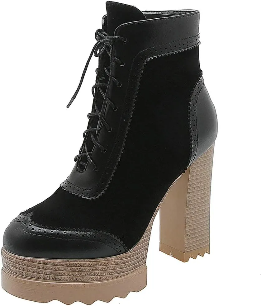 LUXMAX Women Wingtip Ankle Boots Chunky High Heel Lace Up Platform Oxford Brogue Booties