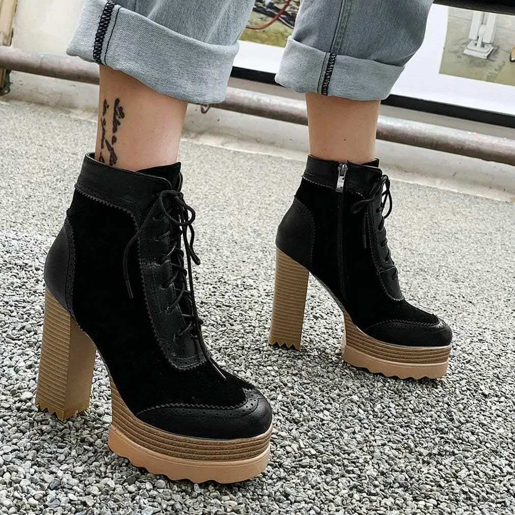 LUXMAX Women Wingtip Ankle Boots Chunky High Heel Lace Up Platform Oxford Brogue Booties