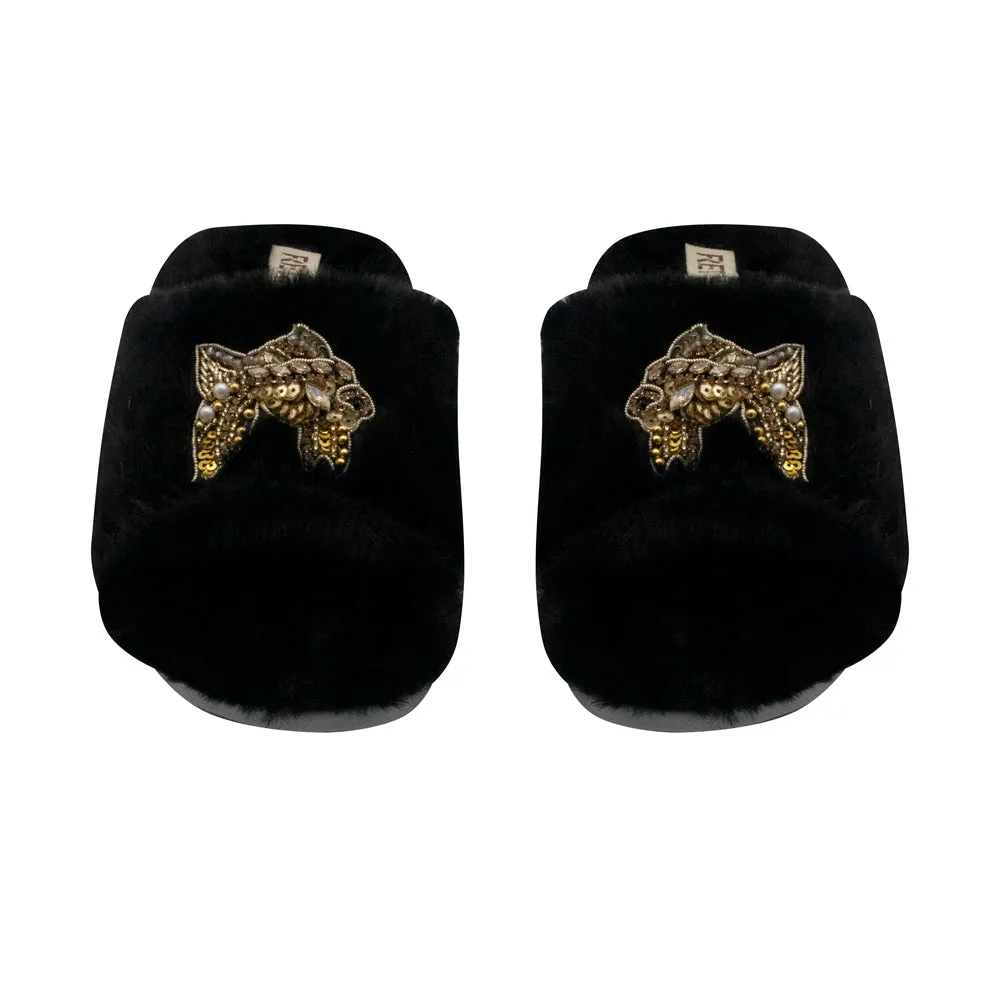 Mae Black Luxury Plush Diamanté Embellished Handmade Slipper