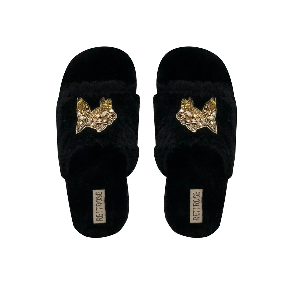 Mae Black Luxury Plush Diamanté Embellished Handmade Slipper