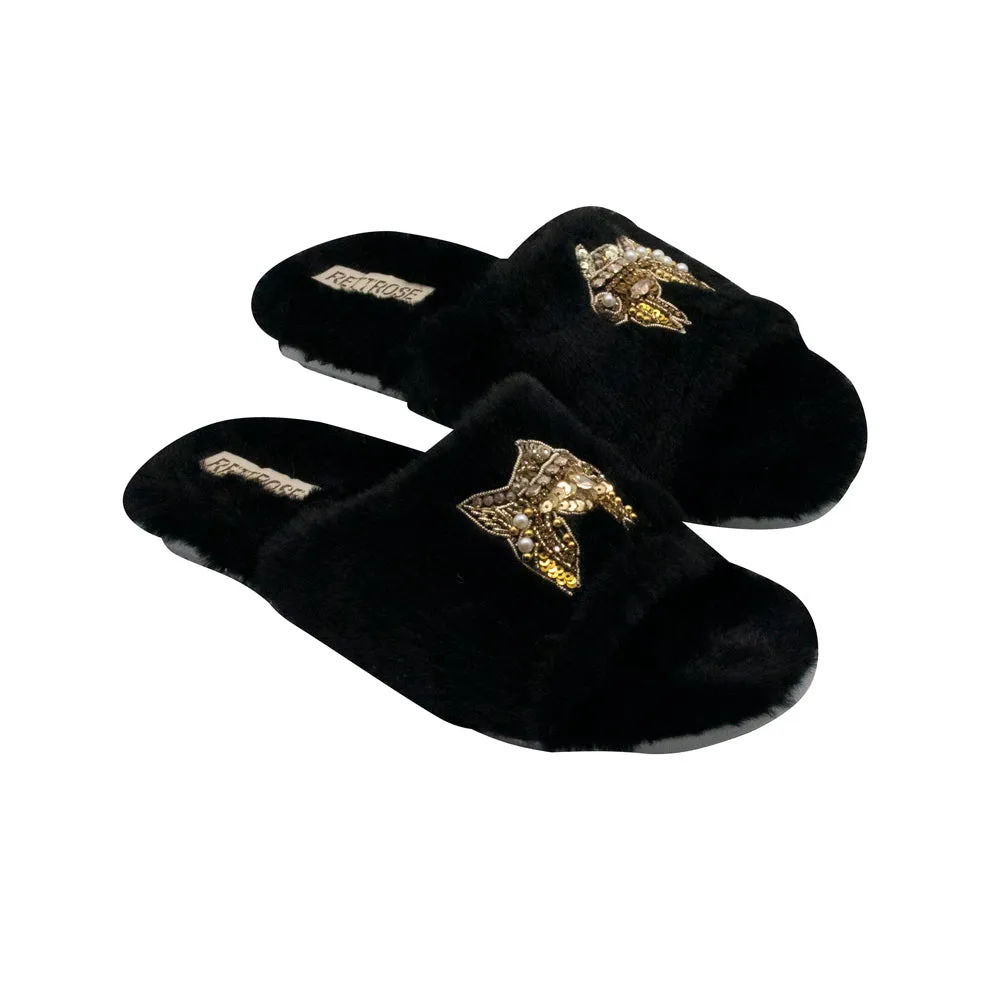 Mae Black Luxury Plush Diamanté Embellished Handmade Slipper