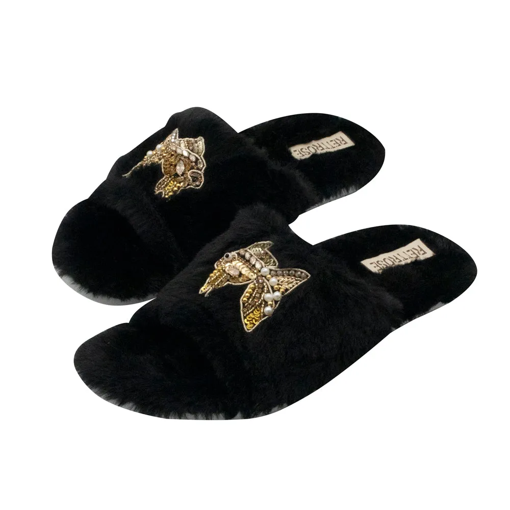 Mae Black Luxury Plush Diamanté Embellished Handmade Slipper