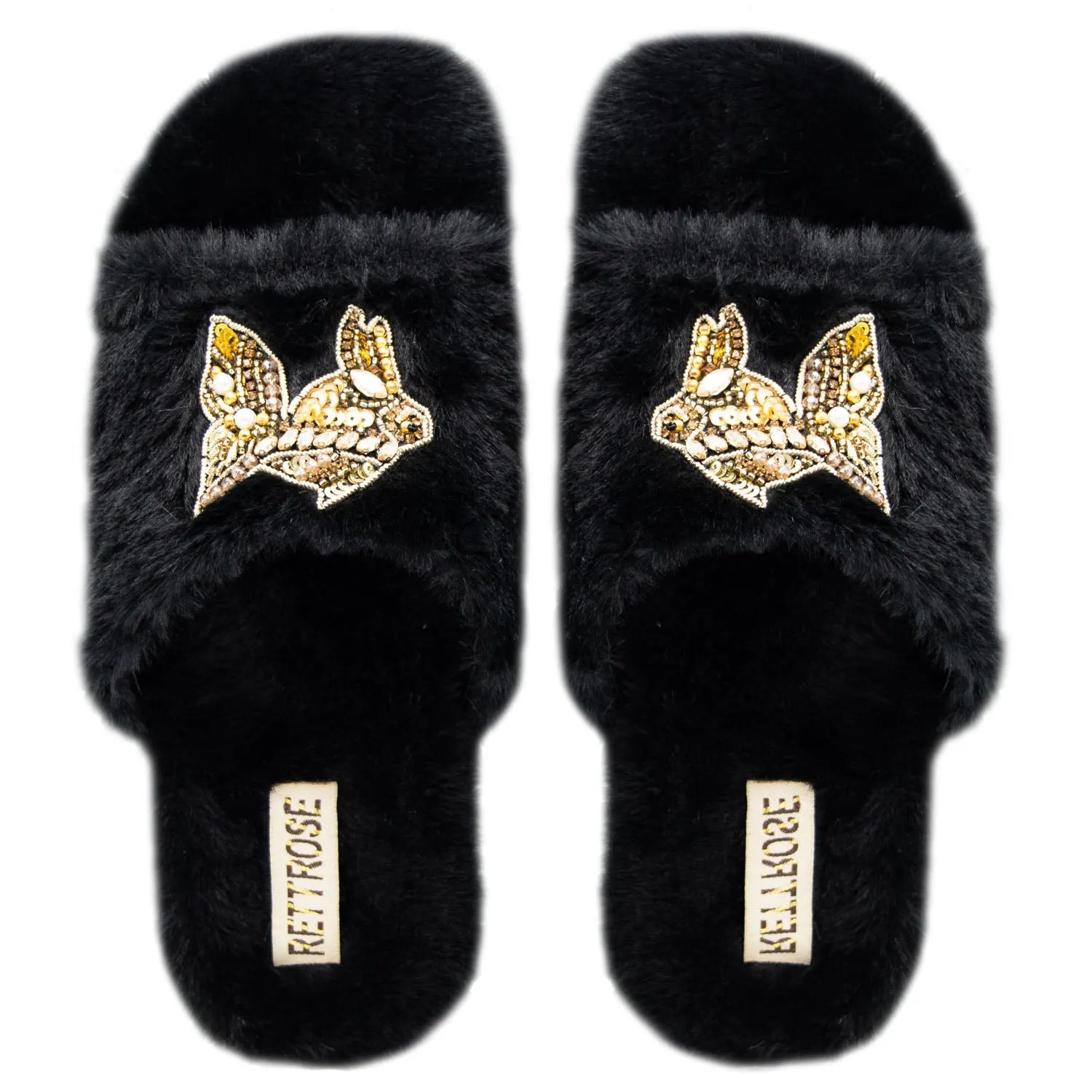 Mae Black Luxury Plush Diamanté Embellished Handmade Slipper