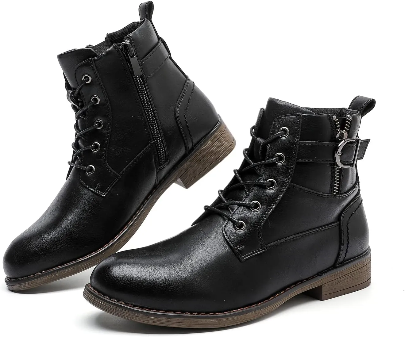 MEMON Women's Fashion Ankle Booties Side Zipper Lace up Black Combat Boots Casual Low Heel Platform Boots