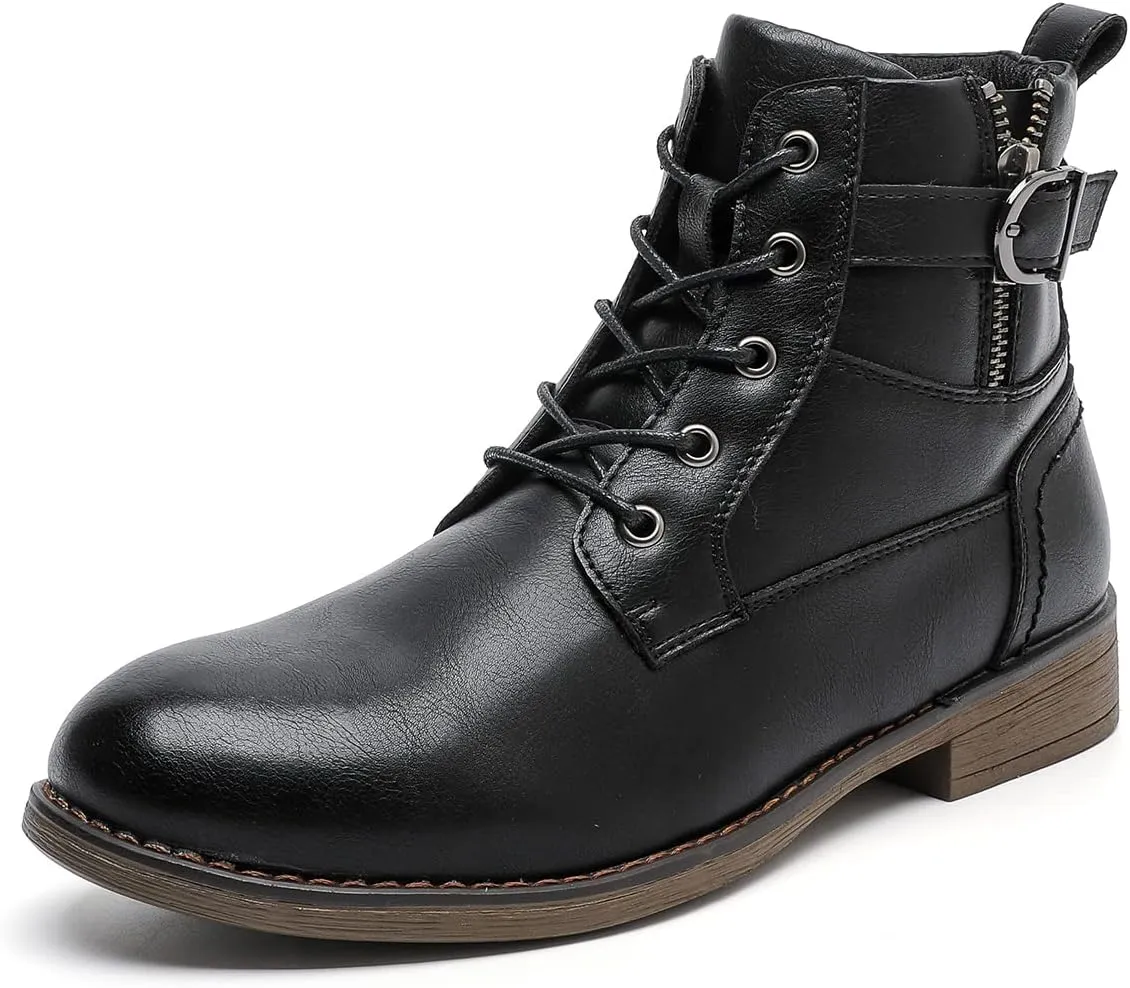 MEMON Women's Fashion Ankle Booties Side Zipper Lace up Black Combat Boots Casual Low Heel Platform Boots