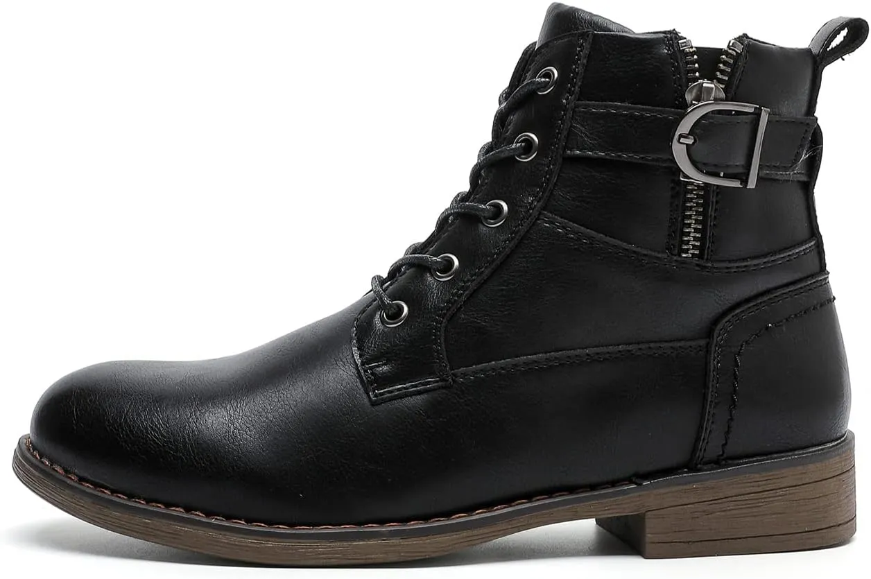 MEMON Women's Fashion Ankle Booties Side Zipper Lace up Black Combat Boots Casual Low Heel Platform Boots