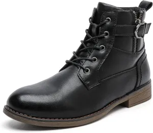 MEMON Women's Fashion Ankle Booties Side Zipper Lace up Black Combat Boots Casual Low Heel Platform Boots