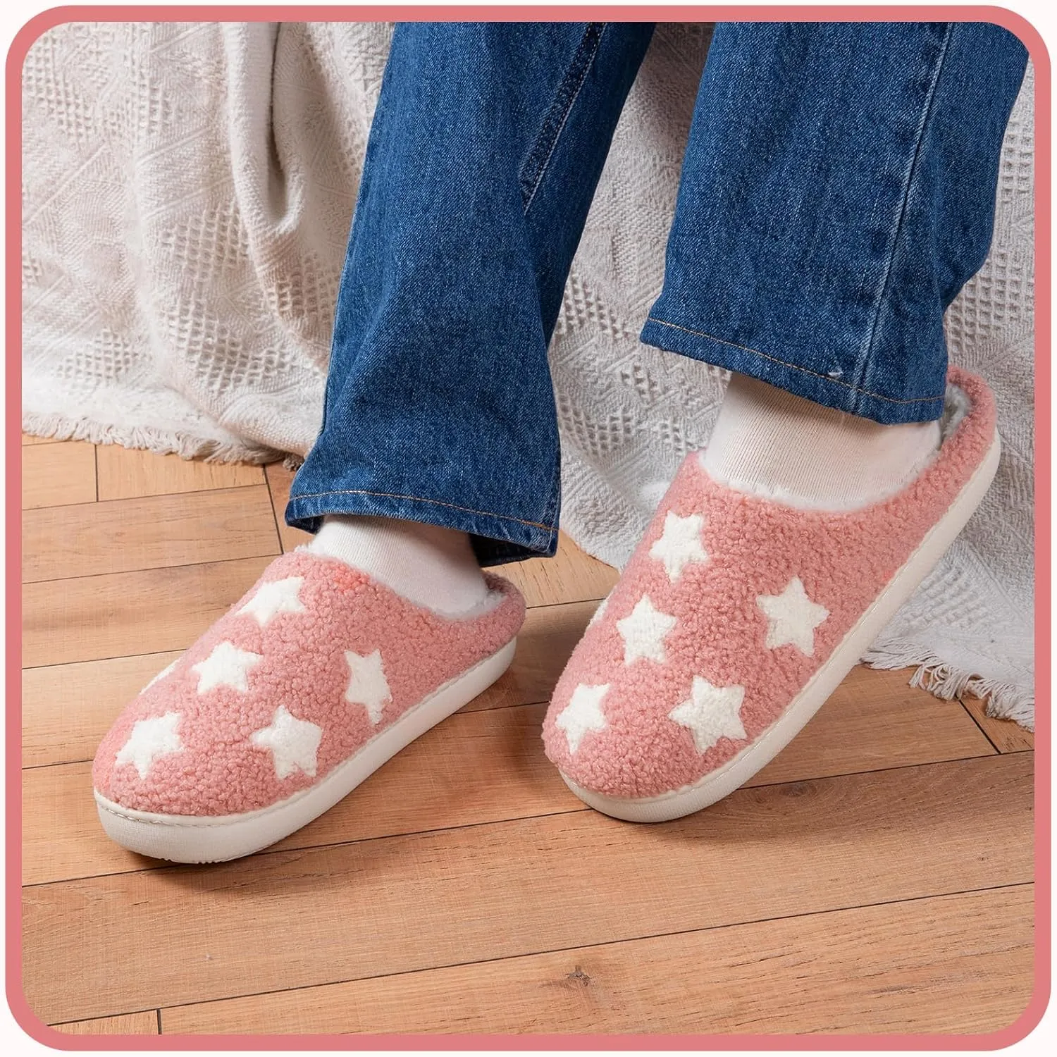 Memory Foam Slippers for Women - House Slip-on with Colorful Hearts & Stars Pattern Cute Cozy Bedroom shoes