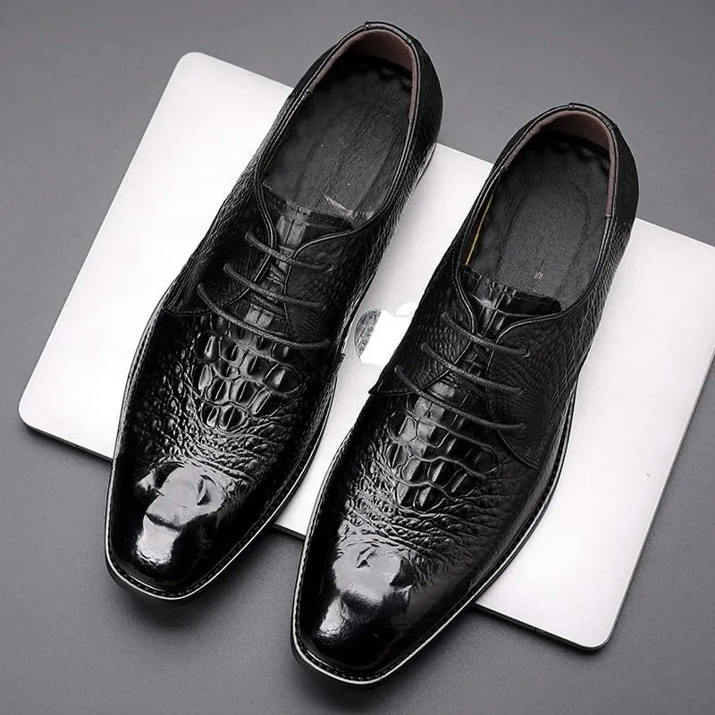 Men's Alligator Crocodile Print Oxfords Fashion Lace Up Dress Shoes Genuine Leather Business Brogue Handmade Formal Shoe for Men