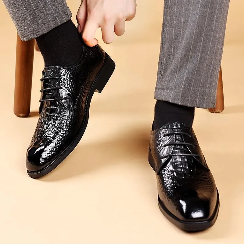 Men's Alligator Crocodile Print Oxfords Fashion Lace Up Dress Shoes Genuine Leather Business Brogue Handmade Formal Shoe for Men
